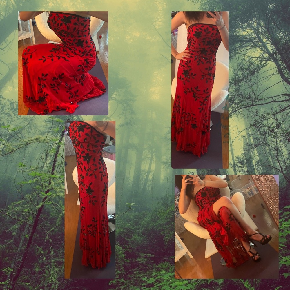 Cache Gala Gown, Iconic Red w Black Bead Accent.